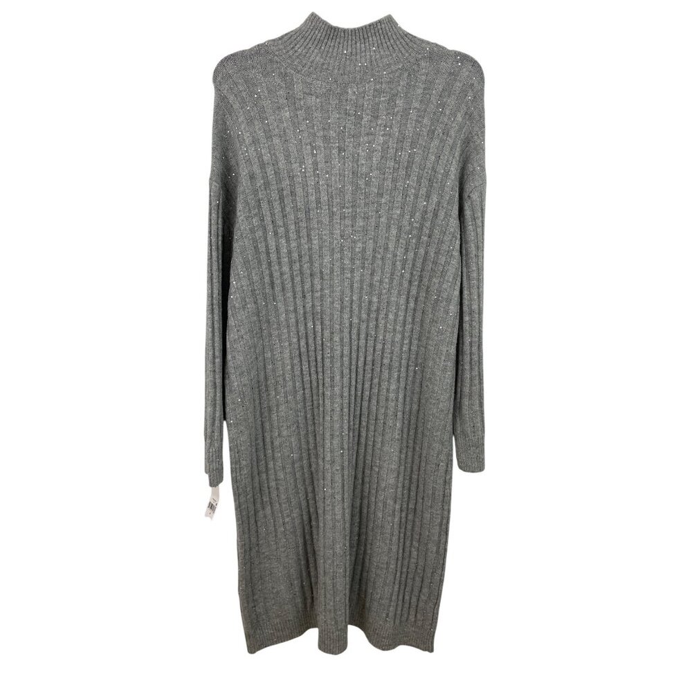 Ophelia Roe Gray Ribbed Knit Sweater Dress Sequins & High Neckline Womens Size 3 - Picture 2 of 9